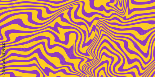 Retro groovy background. Vintage trippy psychedelic wallpaper. Purple yellow liquid hippie texture. Colorful wavy pattern for poster in 60s or 70s style. Vector