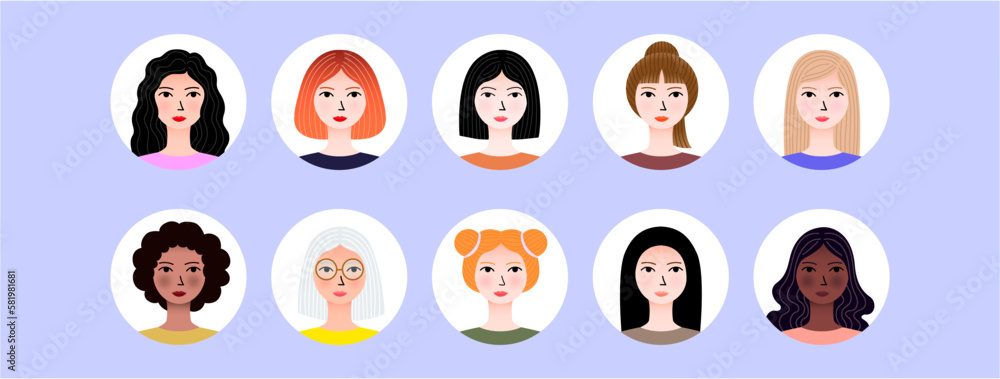 Women avatar icons. characters for social media and networking, user profile, website and app design and development, and user profile icons. Flat design. Vector illustration. Women avatar icons. characters for social media and networking, user profile, website and app design and development, and user profile icons. Flat design. Vector illustration.
