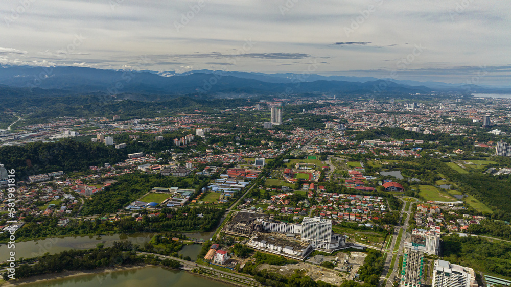 Aerial drone of Kota Kinabalu is the state capital of Sabah, Malaysia. Borneo.