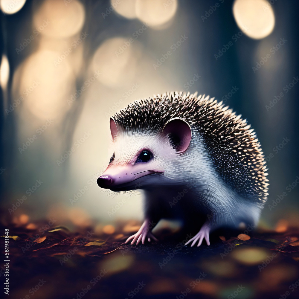 Fototapeta premium Little hedgehog in a foggy forest, cold and snow, generative AI technologies