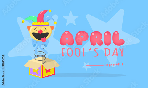 April Fool's Day greeting with a clown emerges surprisingly from inside the box