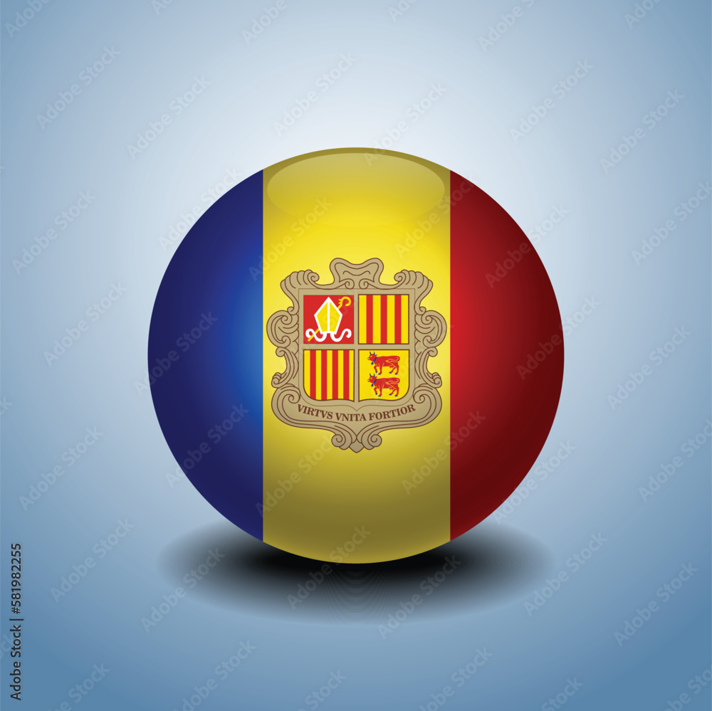 Obraz premium Andorra flag. Round glossy. Isolated on color gradient background