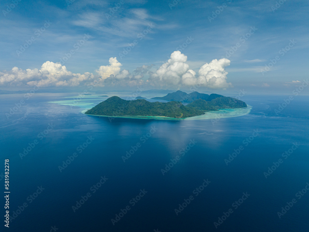 Aerial view of tropical islands in the Tun Sakaran Marine Park. Sabah, Malaysia.