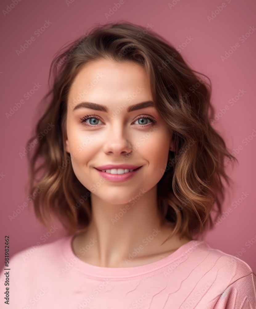 Beautiful woman brunette wearing a pink sweater beauty close-up portrait on pink background. Generative AI Beautiful woman brunette wearing a pink sweater beauty close-up portrait on pink background. Generative AI