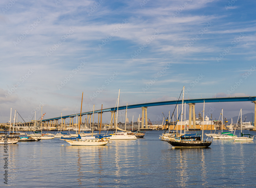 View of Boats Docked Near the San Diego-Coronado Bay Bridge From Tidelands Park, Coronado Island, San Diego, California, USA