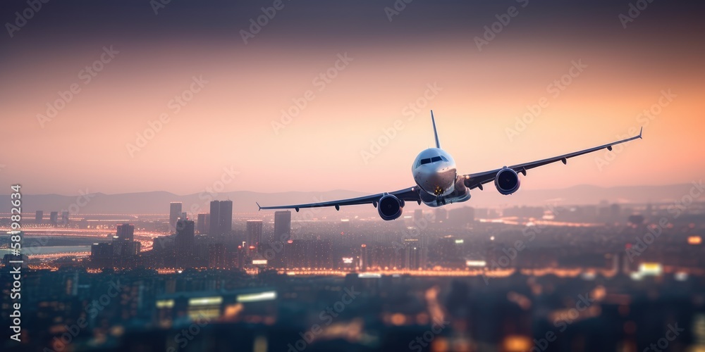 Airplane In Flight At Twilight With Blurred Cityscape. Generative AI
