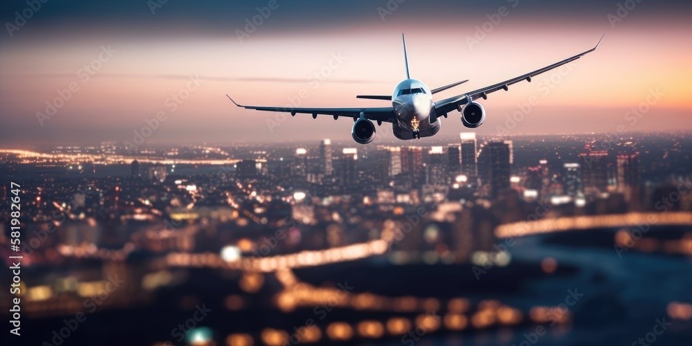 Airplane In Flight At Twilight With Blurred Cityscape. Generative AI Airplane In Flight At Twilight With Blurred Cityscape. Generative AI