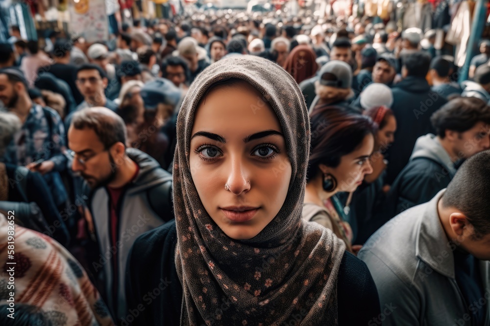 Muslim woman at a middle eastern city street market looking at the camera. generative AI Muslim woman at a middle eastern city street market looking at the camera. generative AI