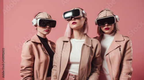 Girls with VR headset exploring the metaverse. Generative AI 