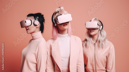 Girls with VR headset exploring the metaverse. Generative AI 