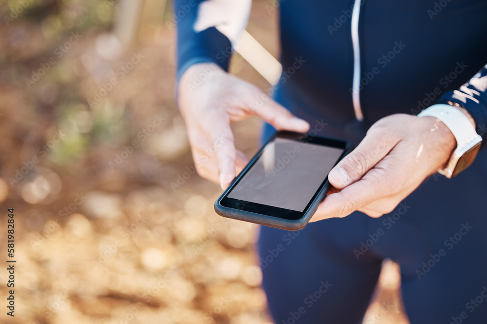 5g, phone screen and nature, hands of man at rest stop in countryside looking at direction or map information online. Mobile, fitness app and smartphone, cyclist on internet search for gps location. 5g, phone screen and nature, hands of man at rest stop in countryside looking at direction or map information online. Mobile, fitness app and smartphone, cyclist on internet search for gps location.