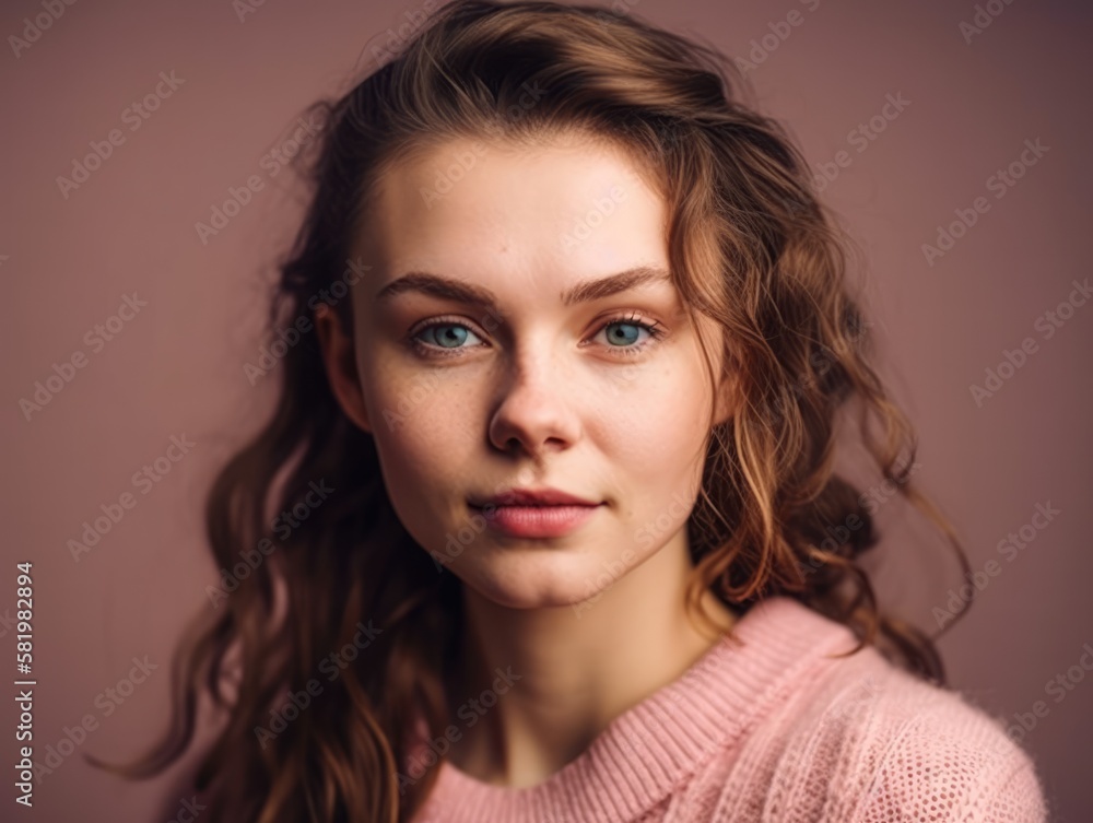 Beautiful woman brunette wearing a pink shirt beauty close-up portrait on pink background. Generative AI Beautiful woman brunette wearing a pink shirt beauty close-up portrait on pink background. Generative AI