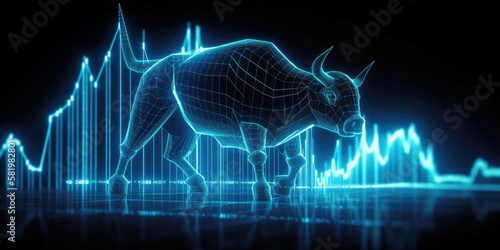 Bull and stock market graph in blue, digital technology and futuristic style. Generative AI