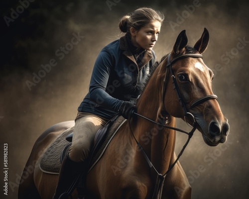 Female rider on beautiful horse running gallop, Generative AI 