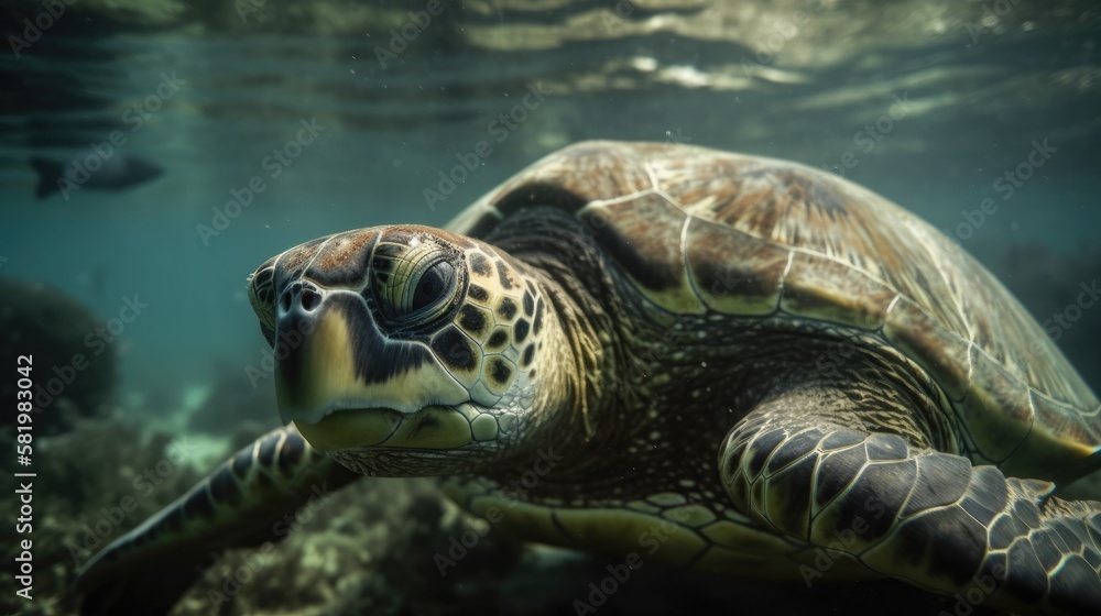 Fototapeta premium green happy smiling sea turtle swimming underwater, Portrait. Generative AI