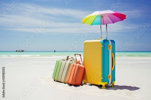 travel suitcases stand on the beach against the background of the sea and blue sky, generative AI