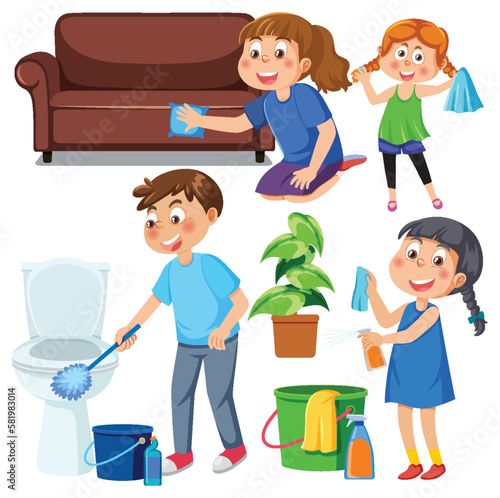 Set of children doing chores with household equipments