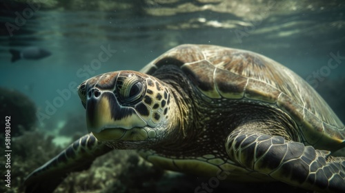 green happy smiling sea turtle swimming underwater, Portrait. Generative AI