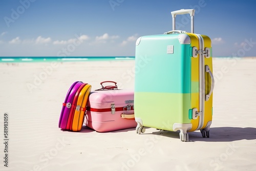 travel suitcases stand on the beach against the background of the sea and blue sky, generative AI