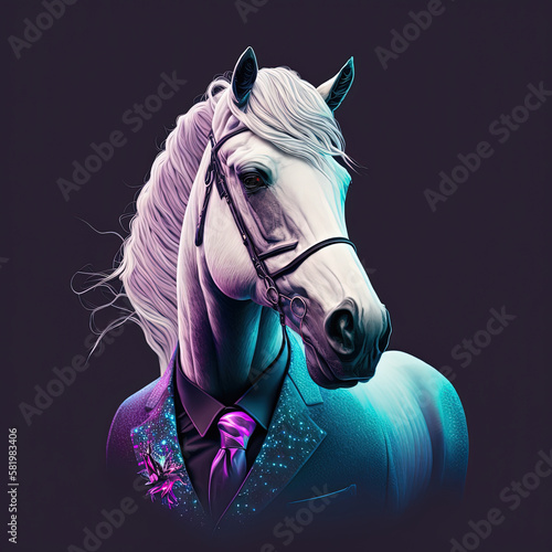 Neon fashion horse in suit and tie. Generative AI