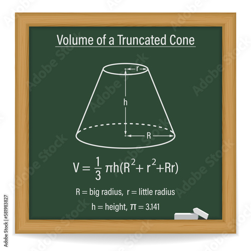 Volume of a Truncated Cone on a chalkboard. Frustum of a Cone. Truncated Cone. Vector illustration. photo