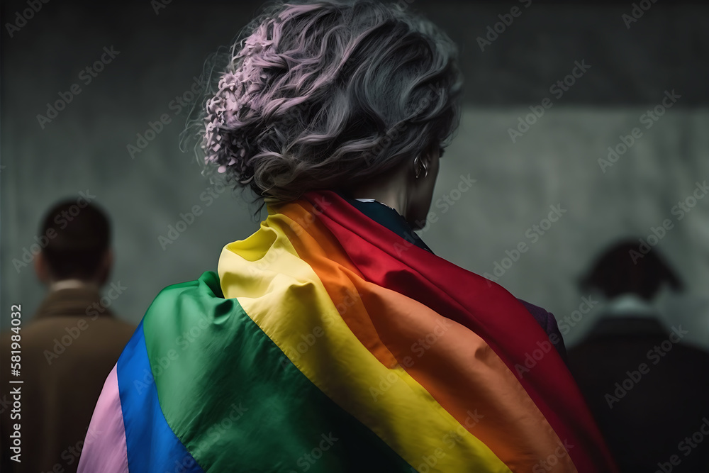 Fototapeta premium Back view of woman with a rainbow flag, LGBT concept. Generative AI