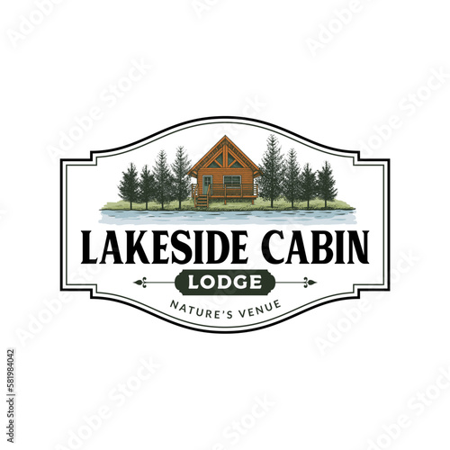 Lakeside Cabin Logo Template Hand Drawn Illustration and Vector Stock Colored