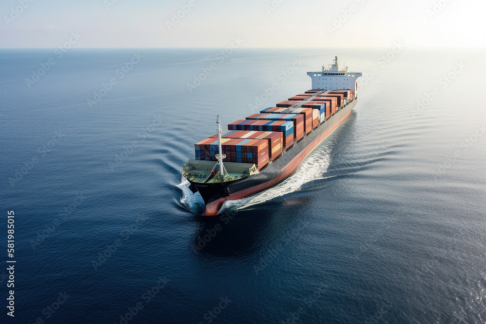 Aerial view of a large, heavy loaded container cargo ship - obrazy, fototapety, plakaty 
