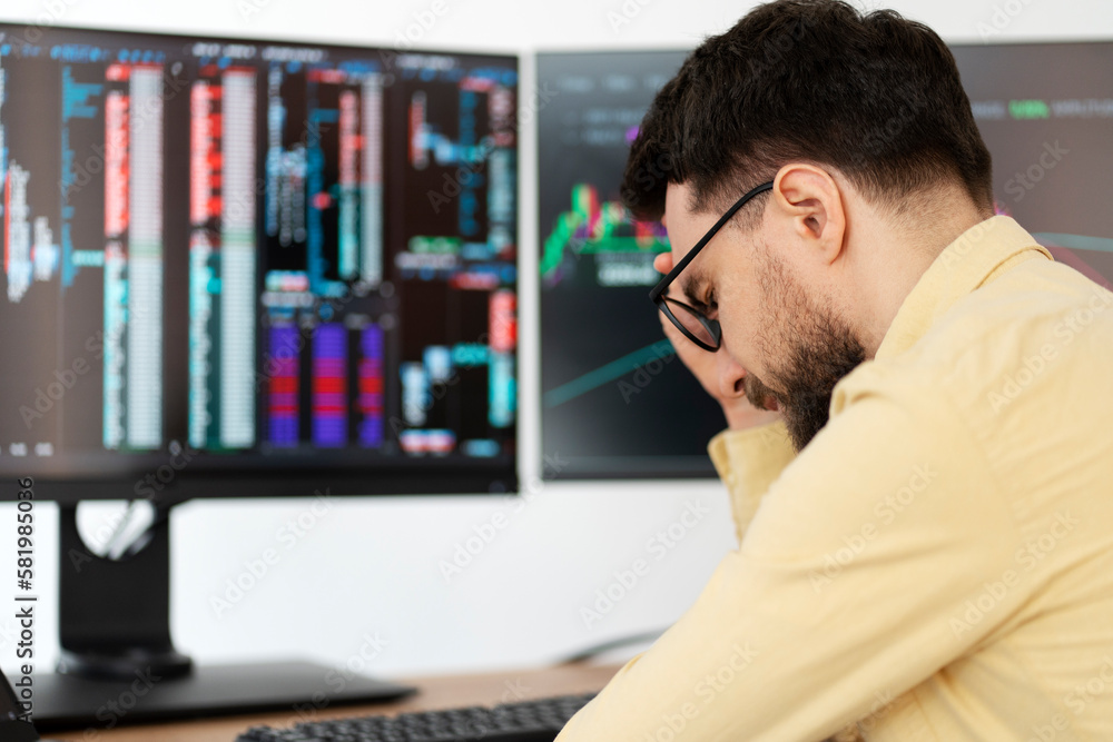 Tired overworked bearded man, trader having headache, lost money sitting in office, selective focus. Failure business, bankruptcy concept Tired overworked bearded man, trader having headache, lost money sitting in office, selective focus. Failure business, bankruptcy concept
