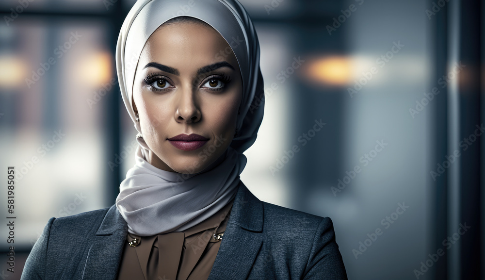 Portrait of ethnic Muslim American Business woman in office, generative ai Portrait of ethnic Muslim American Business woman in office, generative ai