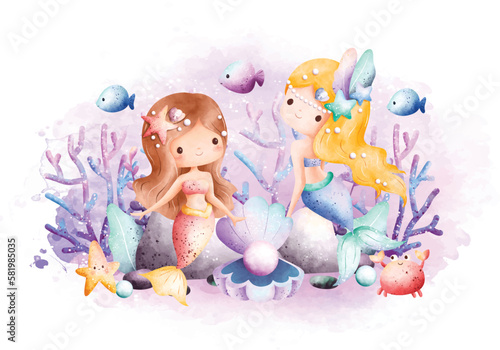 Watercolor illustration Beautiful Mermaid and sea creatures