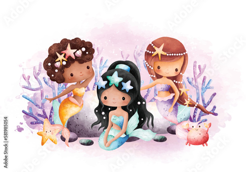 Watercolor illustration Beautiful Mermaid and sea creatures