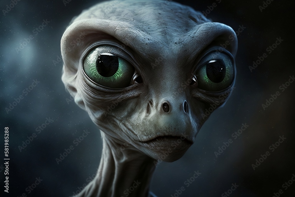 Profile shot of an extraterrestrial Generative AI illustration of a green-eyed alien with bluish-gray skin. large eyes and a mouth-closed Dark blue background with soft light. Profile shot of an extraterrestrial Generative AI illustration of a green-eyed alien with bluish-gray skin. large eyes and a mouth-closed Dark blue background with soft light.