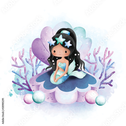 Watercolor illustration Beautiful Mermaid sitting on shell and pearl