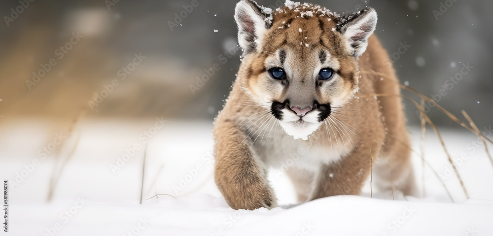 Obraz premium Cute baby cougar in the snow, image created with generative ai. 