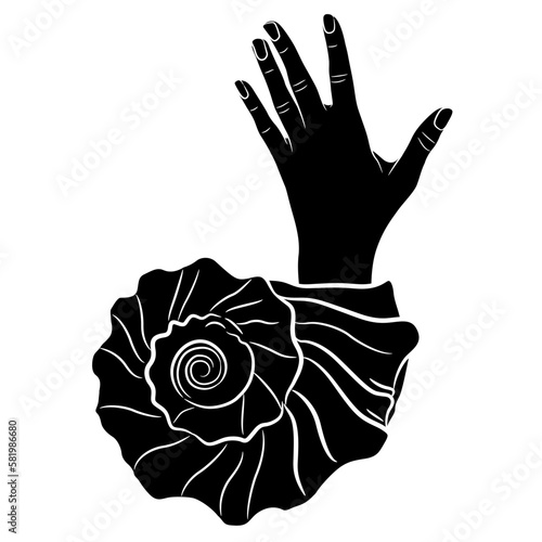 Human hand emerging from spiral sea conch shell. Help gesture. Creative concept. Socian isolation and anxiety. Black and white silhouette.
