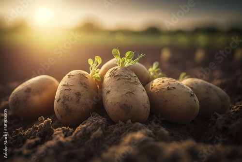 fresh ripe potatoes lie in the garden  generative AI
