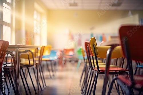 Blur abstract background of kindergarten classroom. Blurred image of empty elementary room. Blurry view of primary class without student and chairs up on tables side view. Defocused school classroom