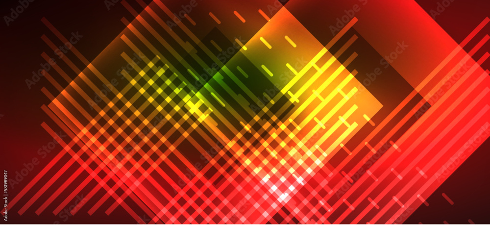 Fototapeta premium Background wallpaper neon glowing lines and geometric shapes. Dark wallpaper for concept of AI technology, blockchain, communication, 5G, science, business and technology