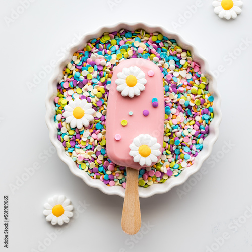 A homemade cakesicle in a bowl of sprinkles decorated with edible flowers. photo