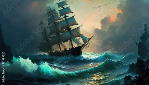 seascape with a ship in the style of Ivan Aivazovskyб generative AI