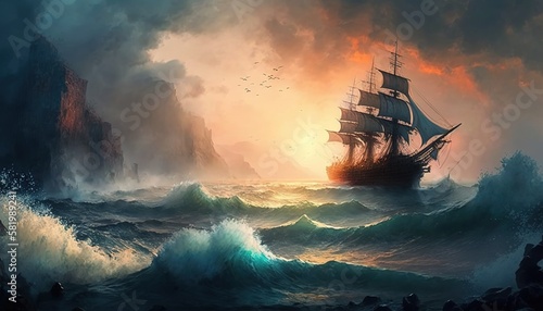 seascape with a ship in the style of Ivan Aivazovskyб generative AI