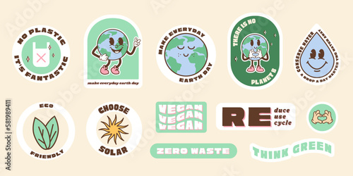 Save the planet stickers in trendy retro cartoon style. Sticker pack for Earth or World Environment Day. Funny vector illustration of planet Earth, globe with smiley face. Eco green labels or badges.
