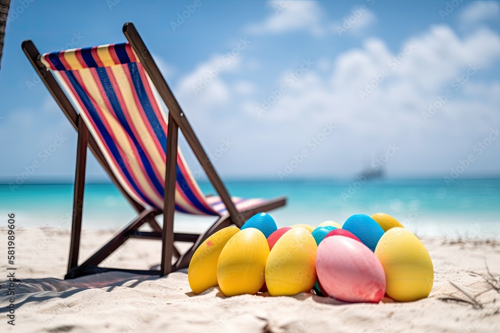Easter eggs in various colors on a beach chair During an Easter holiday in the Caribbean, a pair of flip flop sandals are positioned next to a beach umbrella. Generative AI Easter eggs in various colors on a beach chair During an Easter holiday in the Caribbean, a pair of flip flop sandals are positioned next to a beach umbrella. Generative AI