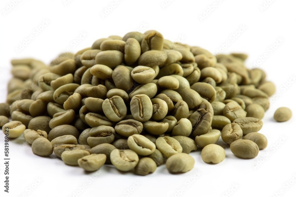 close up of green coffee beans isolated on a white backdrop. looking up. Lay flat. Generative AI close up of green coffee beans isolated on a white backdrop. looking up. Lay flat. Generative AI