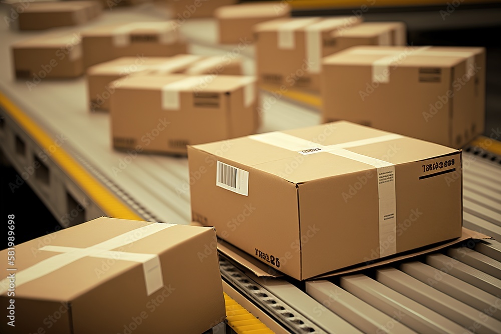 cardboard boxes ride on the delivery conveyor, parcels, generative AI