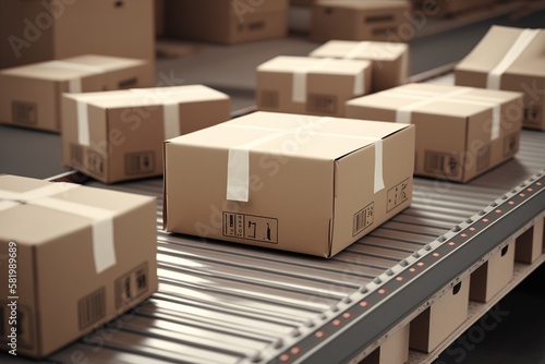 cardboard boxes ride on the delivery conveyor, parcels, generative AI