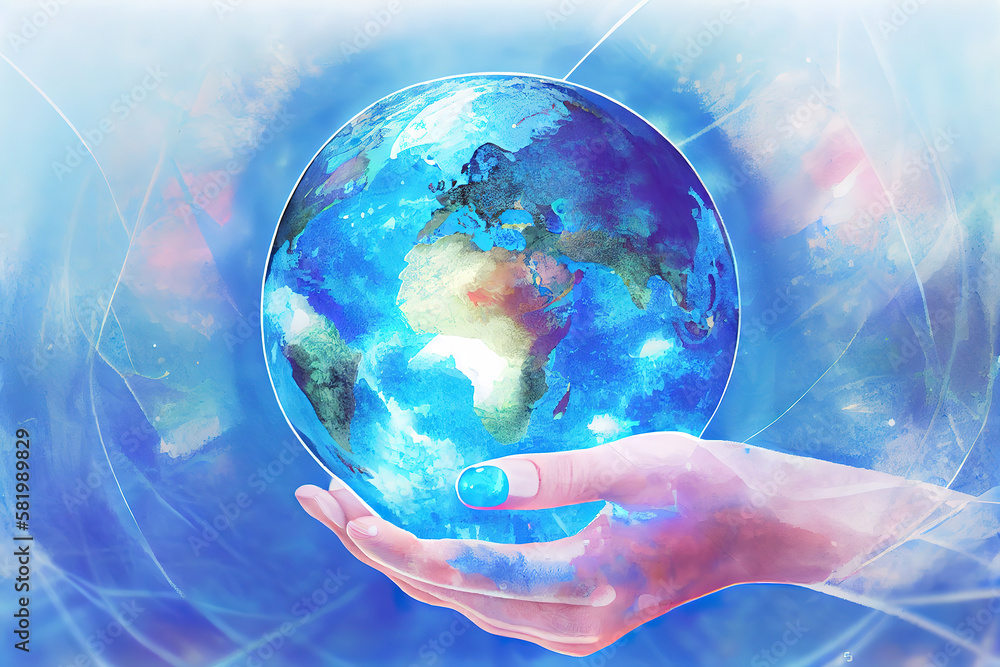 Fotografie Man hands holding blue earth and global networking connection and data exchanges