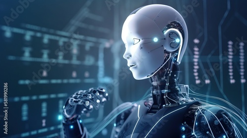 Chat Bot AI. Technology smart robot. Artificial Intelligence humanoid machine. Designed to closely resemble a human. Generative AI.