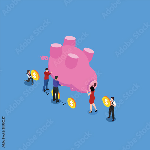 People taking money out from big piggy bank 3d isometric vector illustration concept for banner, website, landing page, ads, flyer template